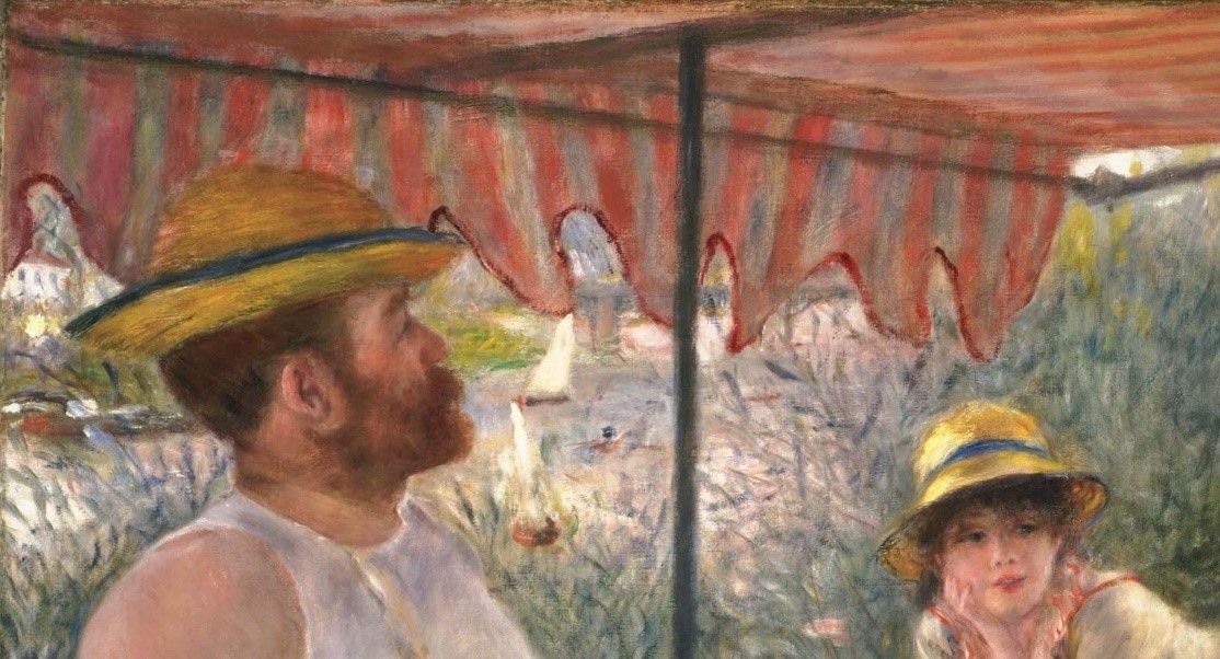 Up close detail of "Luncheon of the Boating Party" showing the combination of landscape and portraiture painting