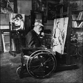 Renoir painting in his studio in the early 1900's